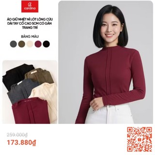 Sẵn 5AHF09 Áo giữ nhiệt nữ CARDINA chất liệu nỉ lông cừu dài tay cổ cao 5cm có gân trang trí 5AHF09