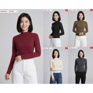 Sẵn 5AHF09 Áo giữ nhiệt nữ CARDINA chất liệu nỉ lông cừu dài tay cổ cao 5cm có gân trang trí 5AHF09