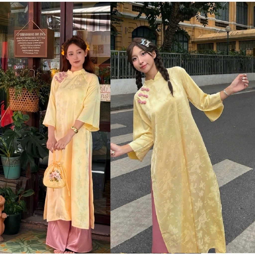 Áo dài cách tân suông cổ cao tay lỡ lụa gấm hoa phối khuy vải Set quần ống rộng có khóa mặc Tết lễ pastel trẻ T1447G