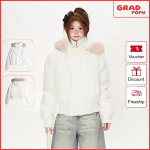 Áo khoác GRADPOPU chất liệu cotton có mũ trùm đầu màu trắng kiểu Hàn Quốc, cổ lông dày dặn AK624