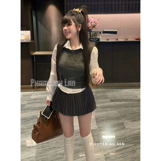 SET 3 MÓN GỒM ÁO SƠ MI + ÁO GILE LEN MIX CHÂN VÁY XẾP LY HÀNG QCCC L1