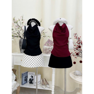 SEP House - Set áo lụa cổ yếm cột hơ lưng kèm chân váy form A ngắn tôn dáng, 2 màu đen đỏ sang trọng - Hàng loại 1