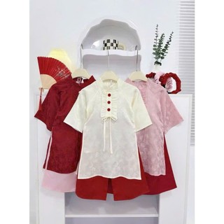 (TẶNG BỜM)Áo dài cách tân cho bé gái đính 3 cúc, áo dài tết cho bé gái tay dài kèm quần sz 10-30kg