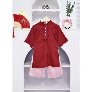 (TẶNG BỜM)Áo dài cách tân cho bé gái đính 3 cúc, áo dài tết cho bé gái tay dài kèm quần sz 10-30kg