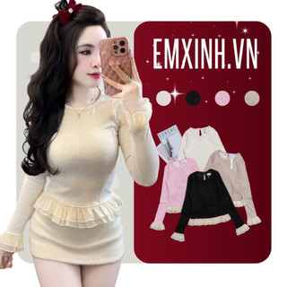 Áo Thun Dài Tay Chất Tăm Lông Thỏ Mềm Mại Phối Bèo Voan Tay Và Gấu Áo Thời Trang Hàn Quốc Dễ Phối Đồ - A01