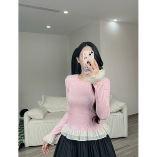 Áo Thun Dài Tay Chất Tăm Lông Thỏ Mềm Mại Phối Bèo Voan Tay Và Gấu Áo Thời Trang Hàn Quốc Dễ Phối Đồ - A01