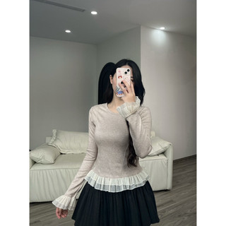 Áo Thun Dài Tay Chất Tăm Lông Thỏ Mềm Mại Phối Bèo Voan Tay Và Gấu Áo Thời Trang Hàn Quốc Dễ Phối Đồ - A01