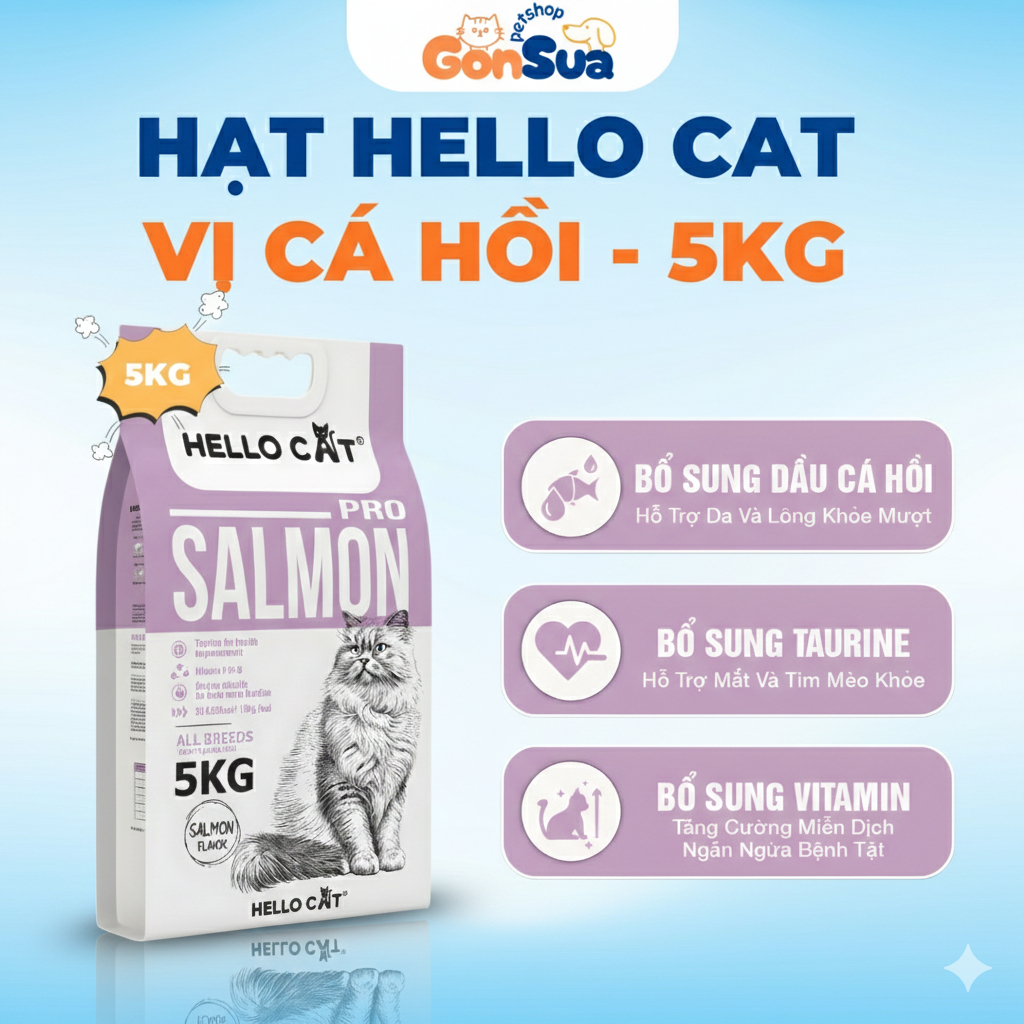 Hạt Cho Mèo Hello Cat Salmon Vị Cá Hồi Túi 5kg – Hạt Dinh Dưỡng Cho Mèo Trưởng Thành