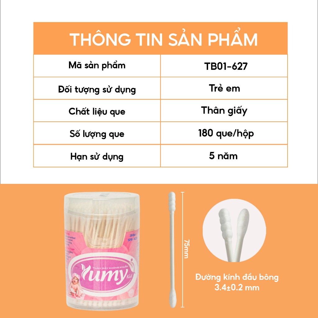Combo 10 hộp Bông ngoáy tai trẻ em YUMY Baby 180 que thân giấy an toàn mềm mại cho bé (TB01-627)