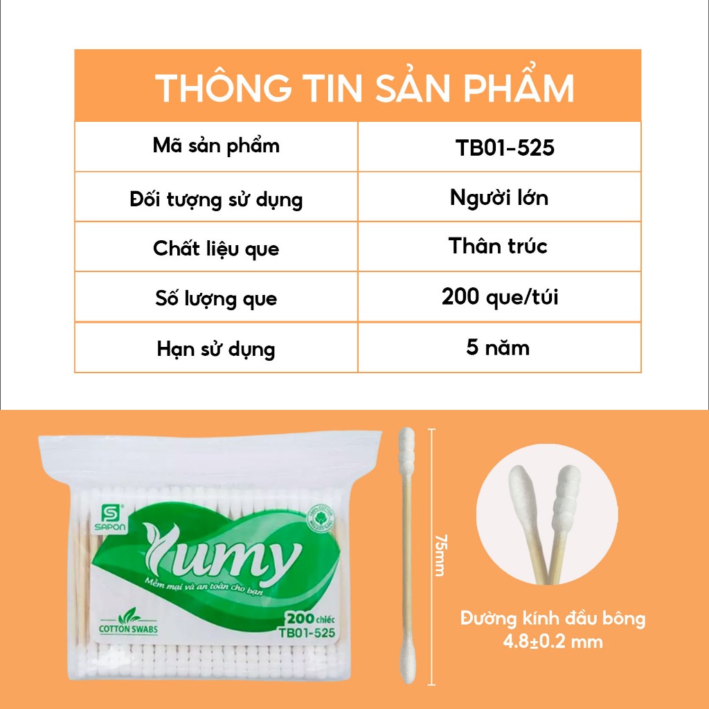 Combo 24 gói Tăm bông YUMY 200 que thân trúc 2 đầu bông mềm mại vệ sinh tai mũi hiệu quả (TB01-525)