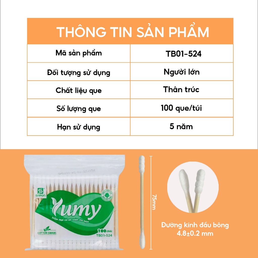 Combo 48 gói Tăm bông YUMY thân trúc chắc chắn 100 que bông mềm mại, thân thiện môi trường(TB01-524)