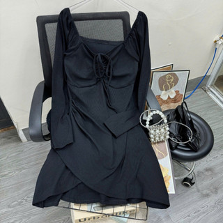 Đầm body bigsize nữ tay dài cổ vuông phối dây yếm vạt đắp chéo che bụng tốt chất gân tăm G214