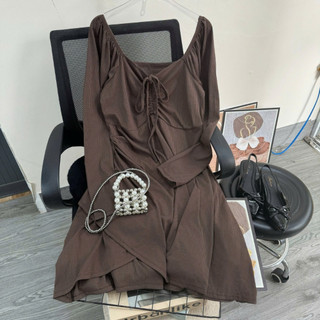 Đầm body bigsize nữ tay dài cổ vuông phối dây yếm vạt đắp chéo che bụng tốt chất gân tăm G214