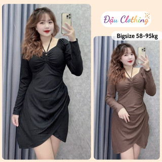 Đầm body bigsize nữ tay dài cổ vuông phối dây yếm vạt đắp chéo che bụng tốt chất gân tăm G214