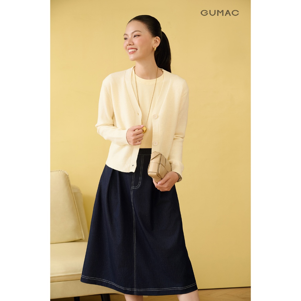 Áo len nữ GUMAC cardigan trơn cổ tim tay dài đính khuy nút nhựa  AF10022