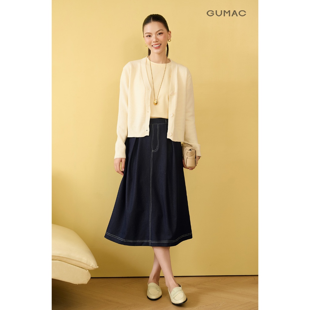 Áo len nữ GUMAC cardigan trơn cổ tim tay dài đính khuy nút nhựa  AF10022