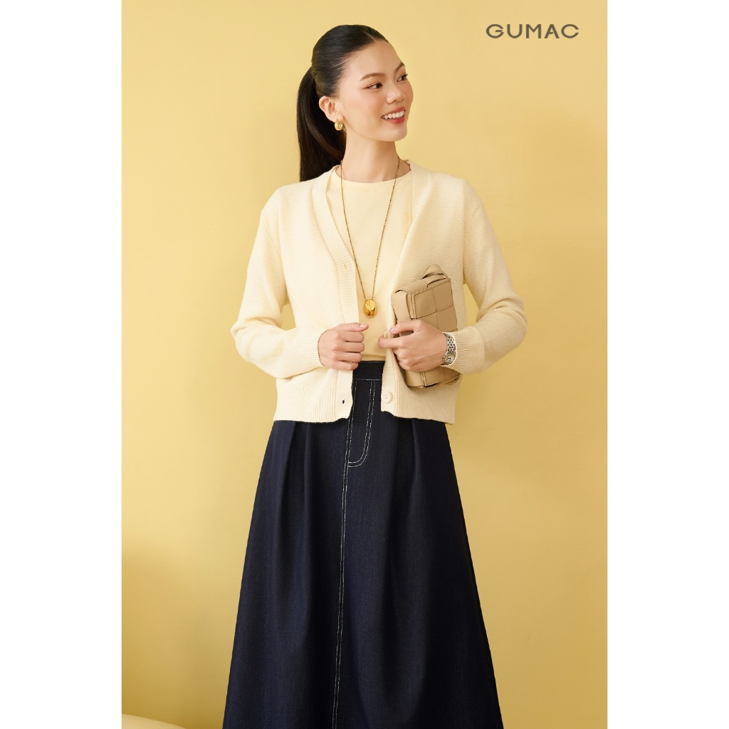 Áo len nữ GUMAC cardigan trơn cổ tim tay dài đính khuy nút nhựa  AF10022