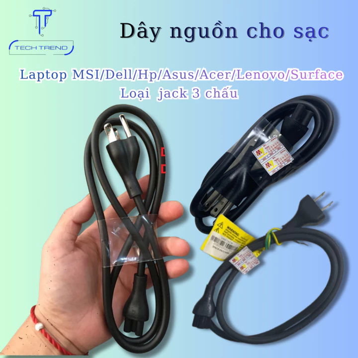 Dây nguồn cho sạc laptop tương thích MSI/Dell/Hp/Asus/Acer/Lenovo/Surface Loại jack 3 chấu vào củ sạc, dây nguồn laptop