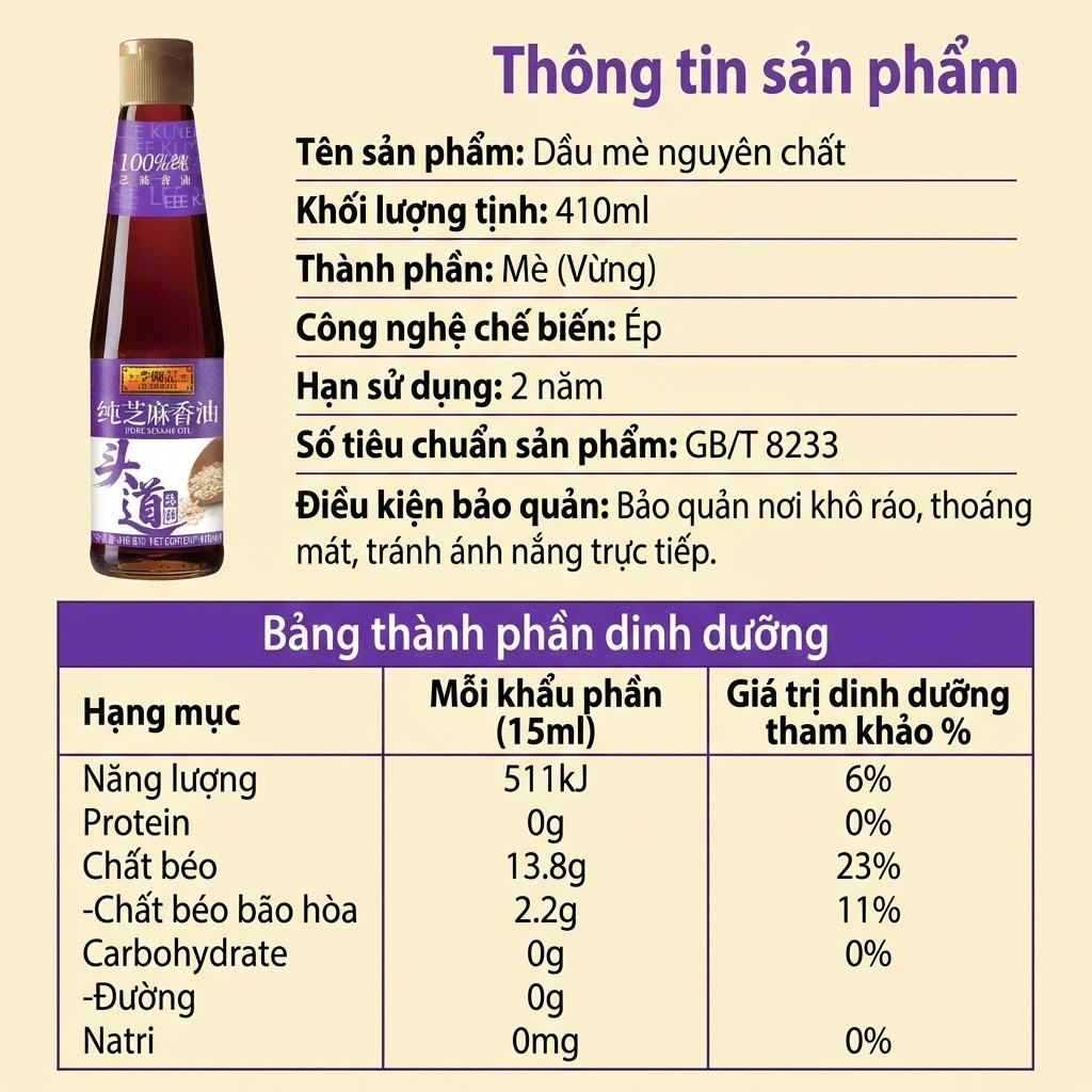 Dầu Mè Nguyên Chất Lee Kum Kee 410ml và 207ml - Thơm Lâu, Dùng Trộn Salad & Cho Bé Ăn Dặm, Hàng Nội Địa Thượng Hạng