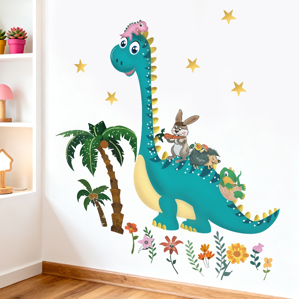 Decal Dán Tường Hình Khủng Long Cùng Thú Rừng Có Keo Sẵn 100x110cm - Trang Trí Phòng Cho Bé