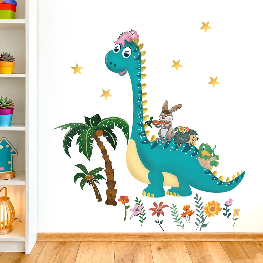 Decal Dán Tường Hình Khủng Long Cùng Thú Rừng Có Keo Sẵn 100x110cm - Trang Trí Phòng Cho Bé