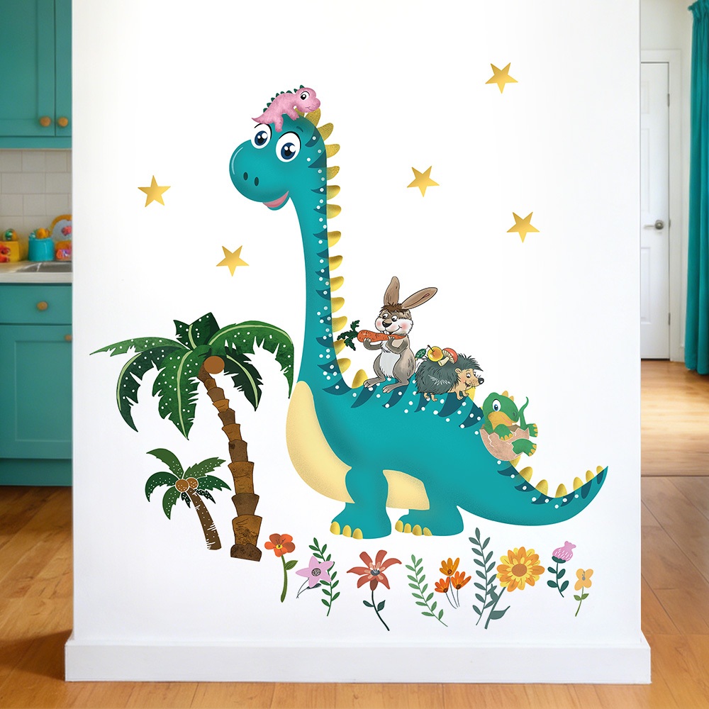 Decal Dán Tường Hình Khủng Long Cùng Thú Rừng Có Keo Sẵn 100x110cm - Trang Trí Phòng Cho Bé