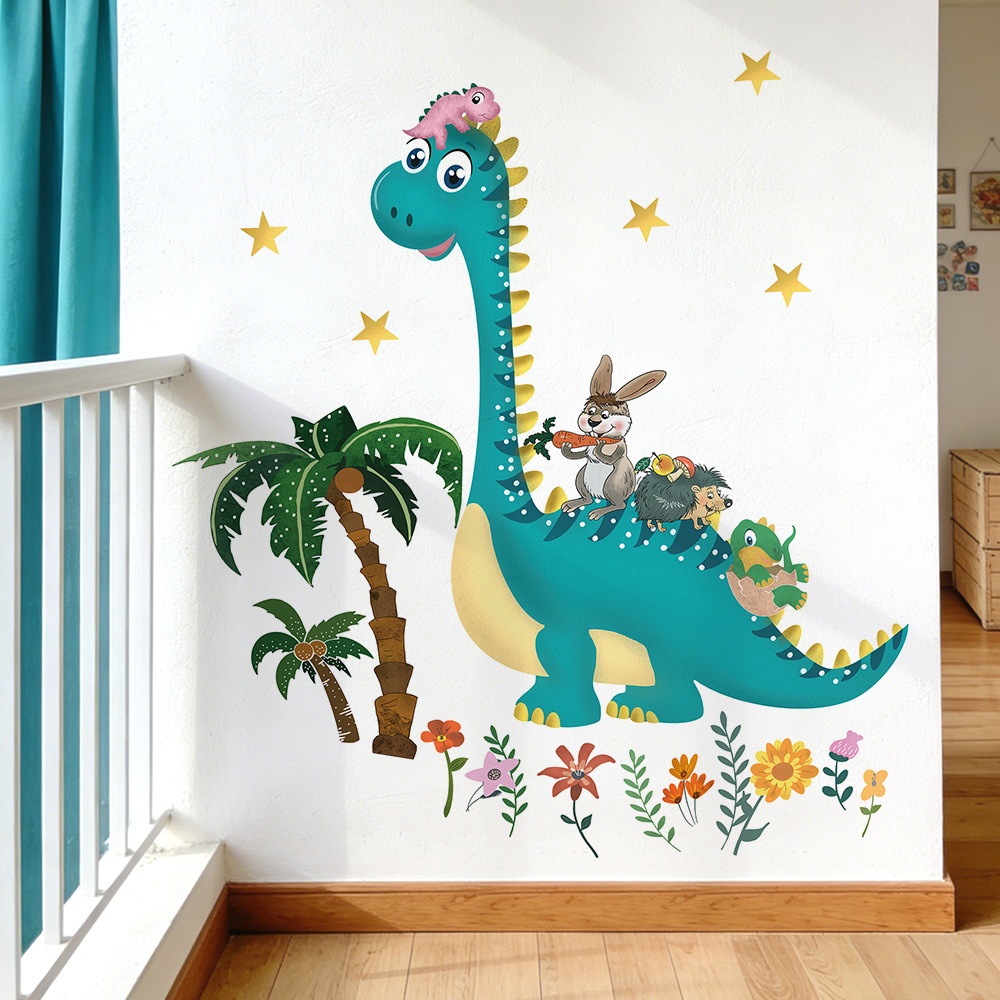 Decal Dán Tường Hình Khủng Long Cùng Thú Rừng Có Keo Sẵn 100x110cm - Trang Trí Phòng Cho Bé