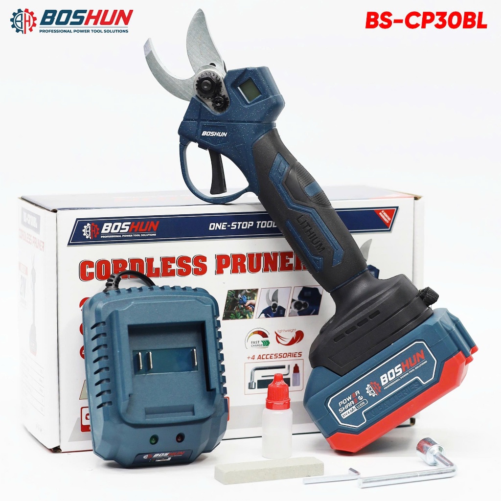 [Mới 2026] Máy Cắt Cành BOSHUN BS-CP30BL, Có Màn Hình Led % Pin, Công Tắc Bóp, Mở Lưỡi 4cm