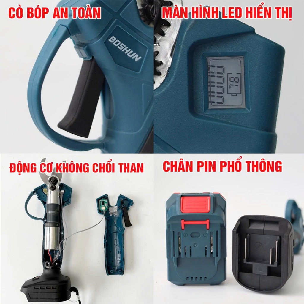 [Mới 2026] Máy Cắt Cành BOSHUN BS-CP30BL, Có Màn Hình Led % Pin, Công Tắc Bóp, Mở Lưỡi 4cm