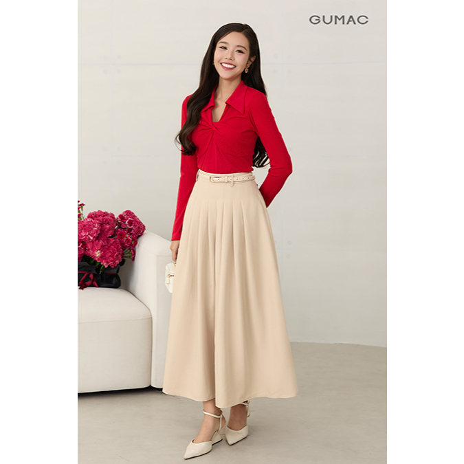 Áo Polo Nữ Tay Dài GUMAC Form Ôm Điểm Nhấn Xoắn Ngực Cách Điệu APF12053