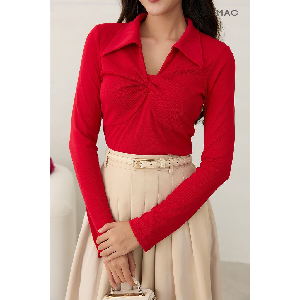 Áo polo GUMAC kiểu form slim tay dài xoắn ngực áo có đánh eo lai ngang APF12053