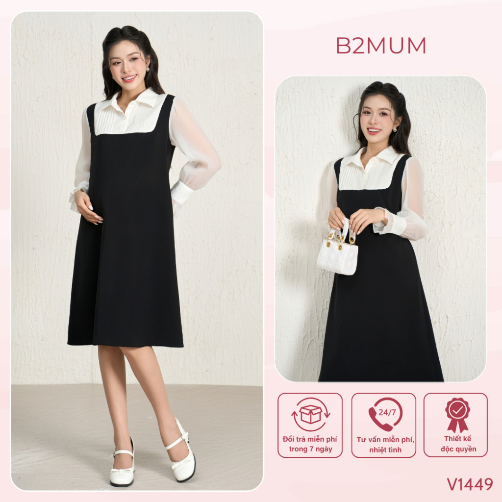 Váy Bầu Công Sở Dài Tay, Gọn Dáng Che Bụng, Đi Làm Đi Chơi Đi tiệc, mặc thường và bầu - V1449 B2MUM