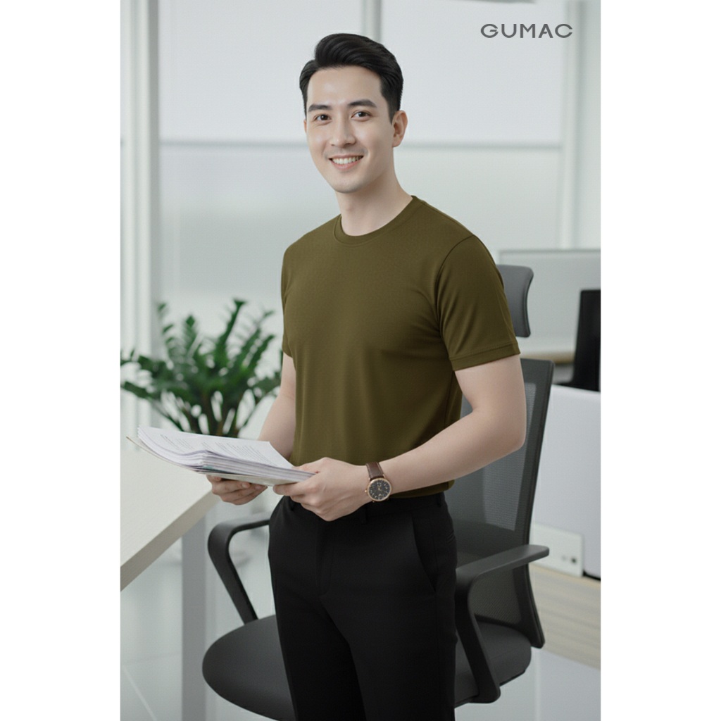 Áo Thun Nam Tay Ngắn GUMAC Form Suông Cổ Tròn Bo Dệt Thun Nano Thoáng Khí Basic LATNF0432