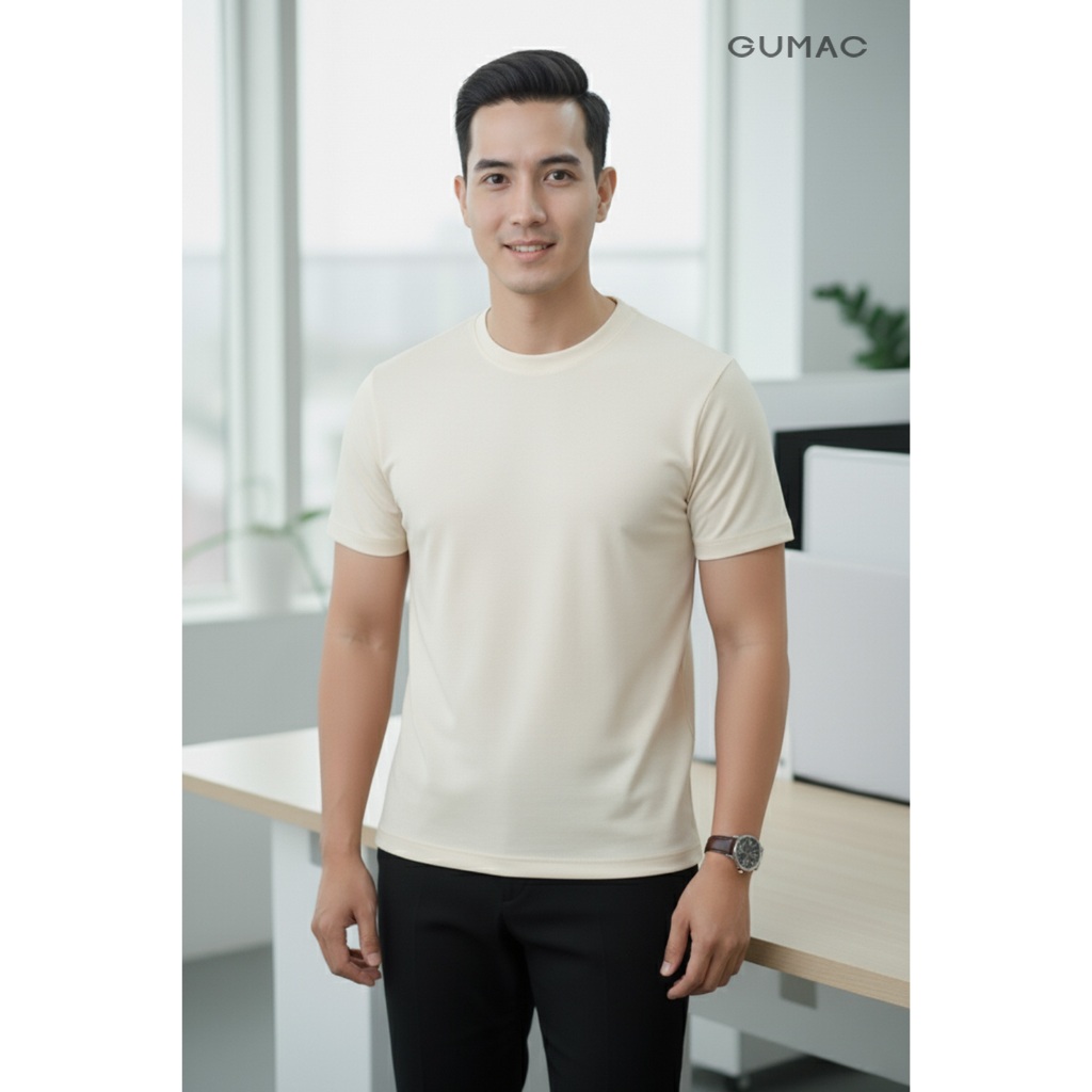 Áo Thun Nam Tay Ngắn GUMAC Form Suông Cổ Tròn Bo Dệt Thun Nano Thoáng Khí Basic LATNF0432