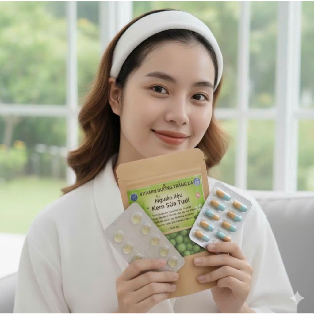 Set vitamin nấu kem sữa tươi dưỡng trắng đẹp da ( gồm 60 viên dưỡng trắng + 10 viên E + 10 viên C) Giảm Nám tàn Nhang