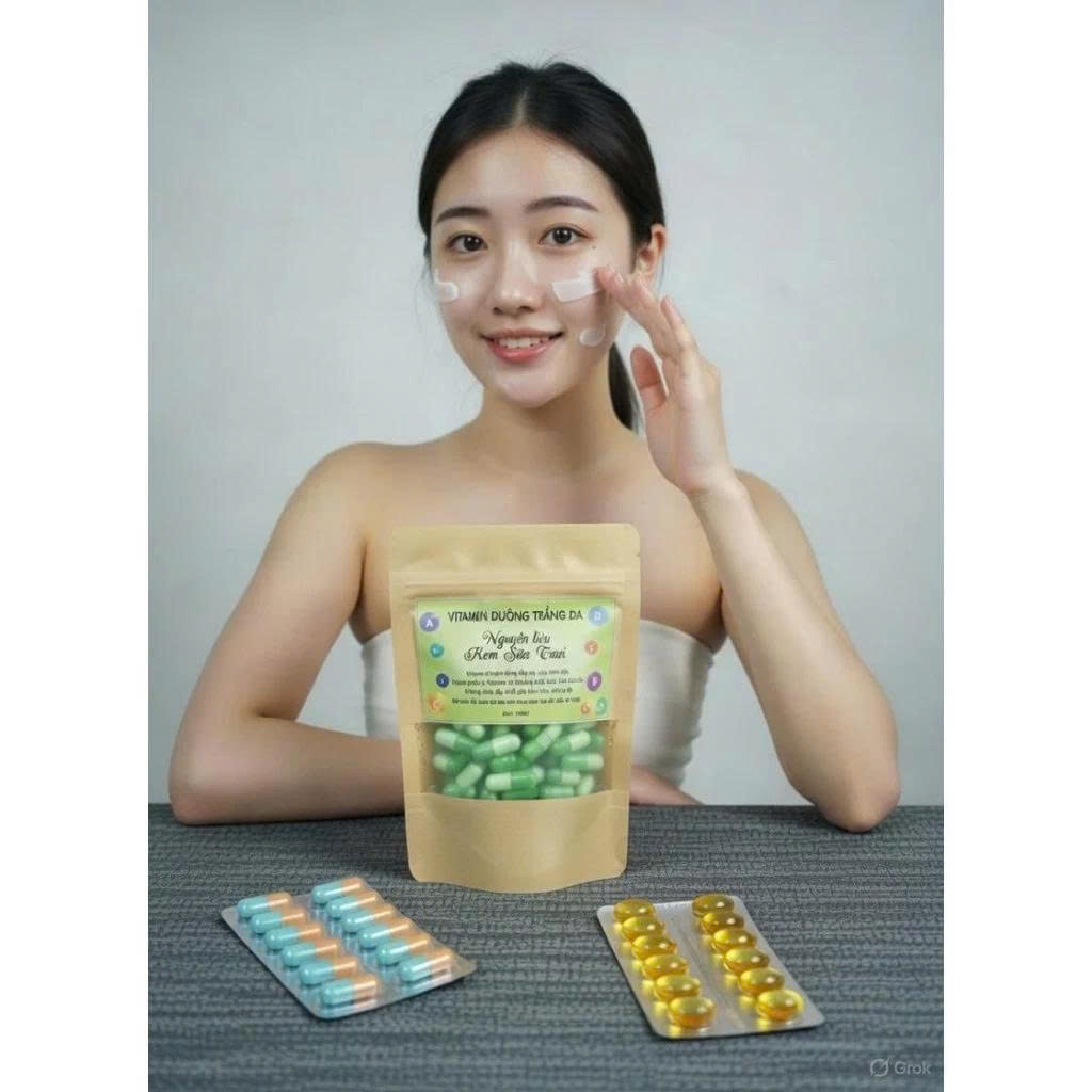 Set vitamin nấu kem sữa tươi dưỡng trắng đẹp da ( gồm 60 viên dưỡng trắng + 10 viên E + 10 viên C) Giảm Nám tàn Nhang