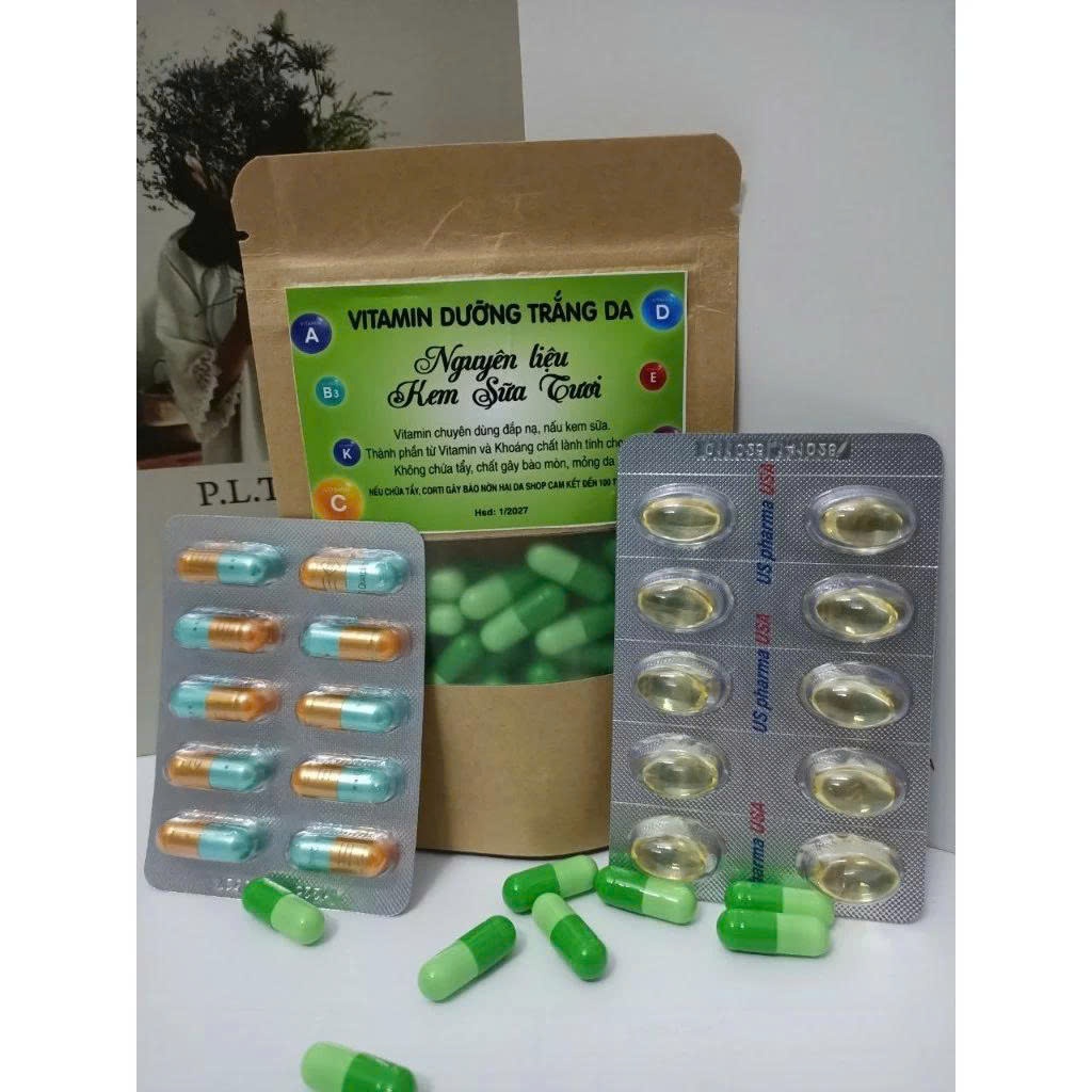 Set vitamin nấu kem sữa tươi dưỡng trắng đẹp da ( gồm 60 viên dưỡng trắng + 10 viên E + 10 viên C) Giảm Nám tàn Nhang