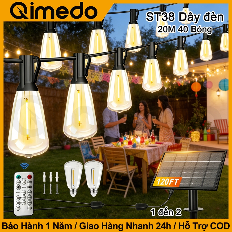 ST38 Đèn Dây Năng Lượng Mặt Trời Ngoài Trời Có Điều Khiển Từ Xa 8 Chế Độ Ánh Sáng,  Chống Ngã