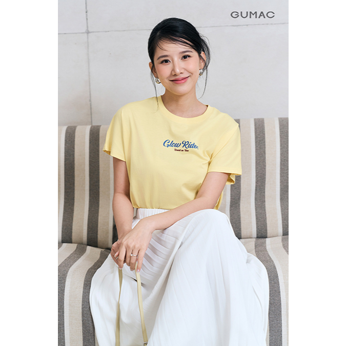 Áo Thun Nữ GUMAC Phom Suông Phối Tay Cánh Dơi In Art Chữ Chất Cotton 2C Thoáng Mát ATF12031