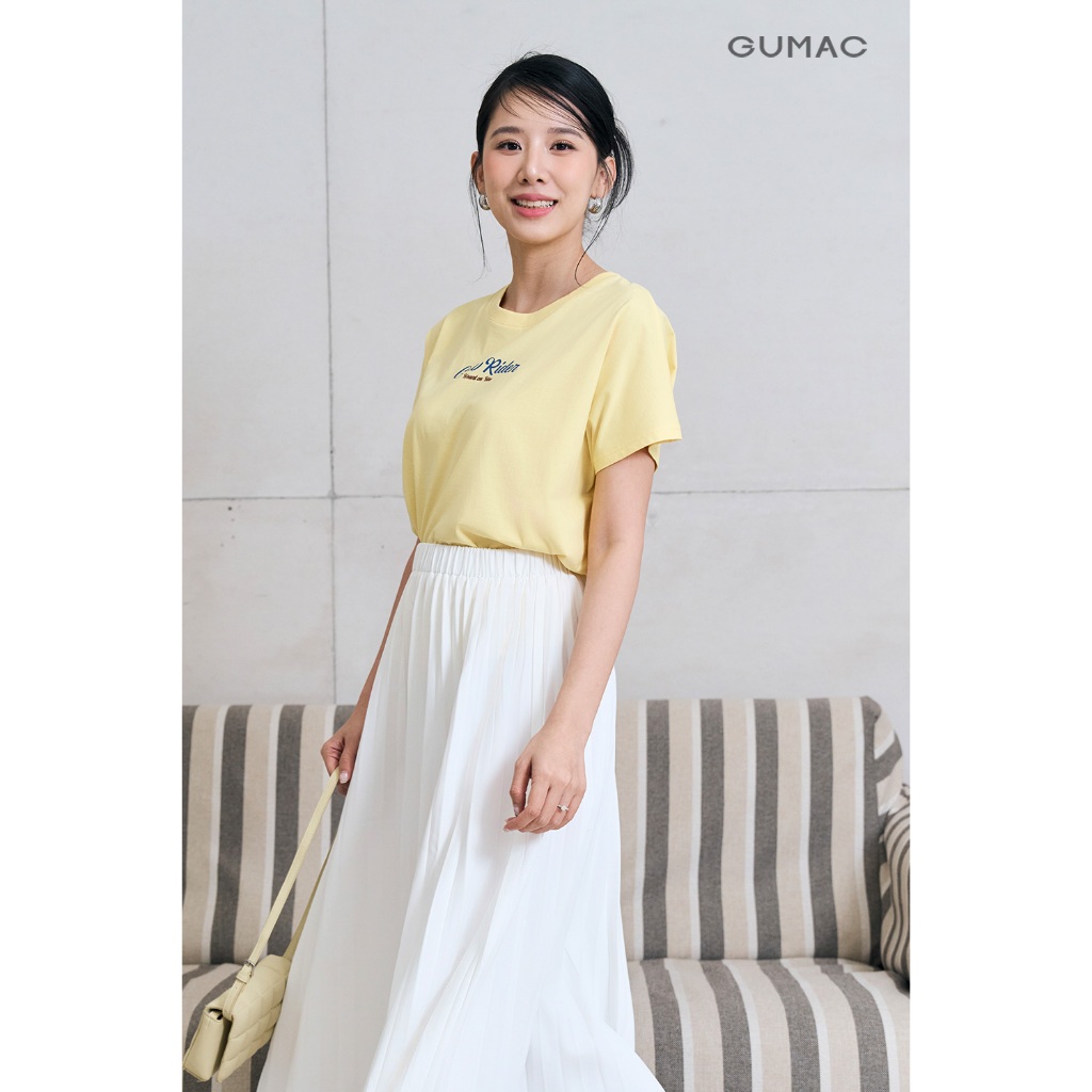 Áo Thun Nữ GUMAC Phom Suông Phối Tay Cánh Dơi In Art Chữ Chất Cotton 2C Thoáng Mát ATF12031