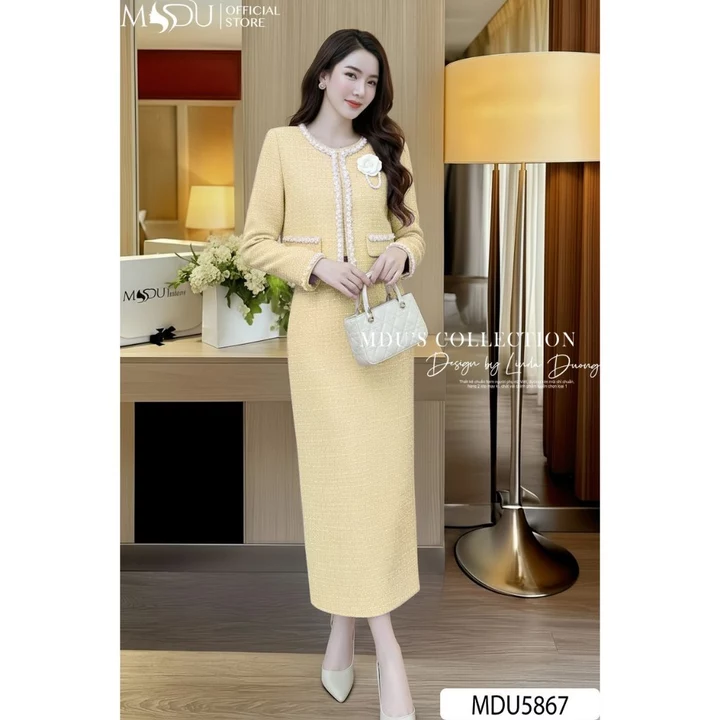 Váy Thiết Kế MDU5867 Set Dạ Tweed Vàng Nổi Bật & Khí Chất Từ MDU