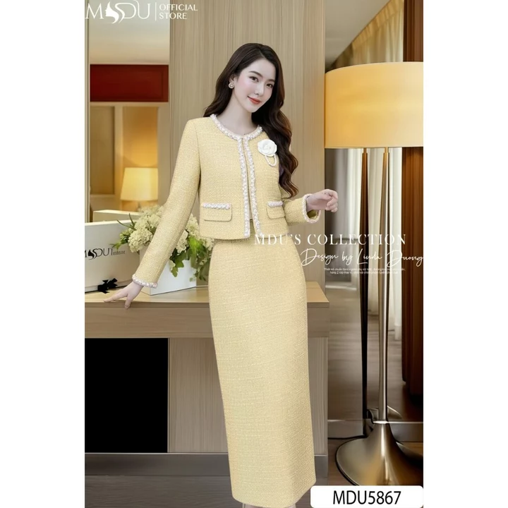 Váy Thiết Kế MDU5867 Set Dạ Tweed Vàng Nổi Bật & Khí Chất Từ MDU