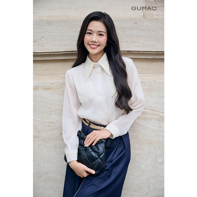 Áo Sơ Mi Nữ Tay Dài GUMAC Form Suông Phối Ren Bọc Viền Nữ Tính AF12026