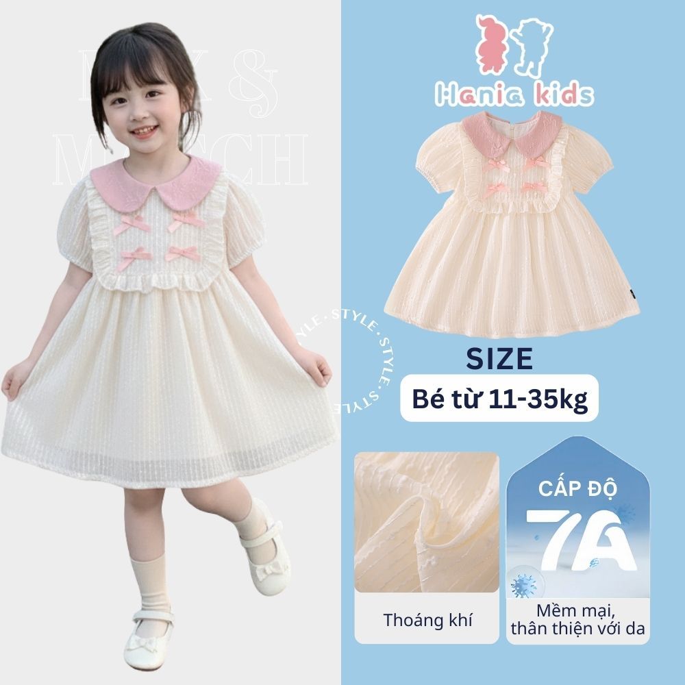Váy Cho Bé Gái, Váy Tiểu Thư Hania Kids Cổ Tròn Đính Nơ Nhẹ NhàngCho Bé Chất Liệu Voan 2 Lớp Mềm Mại