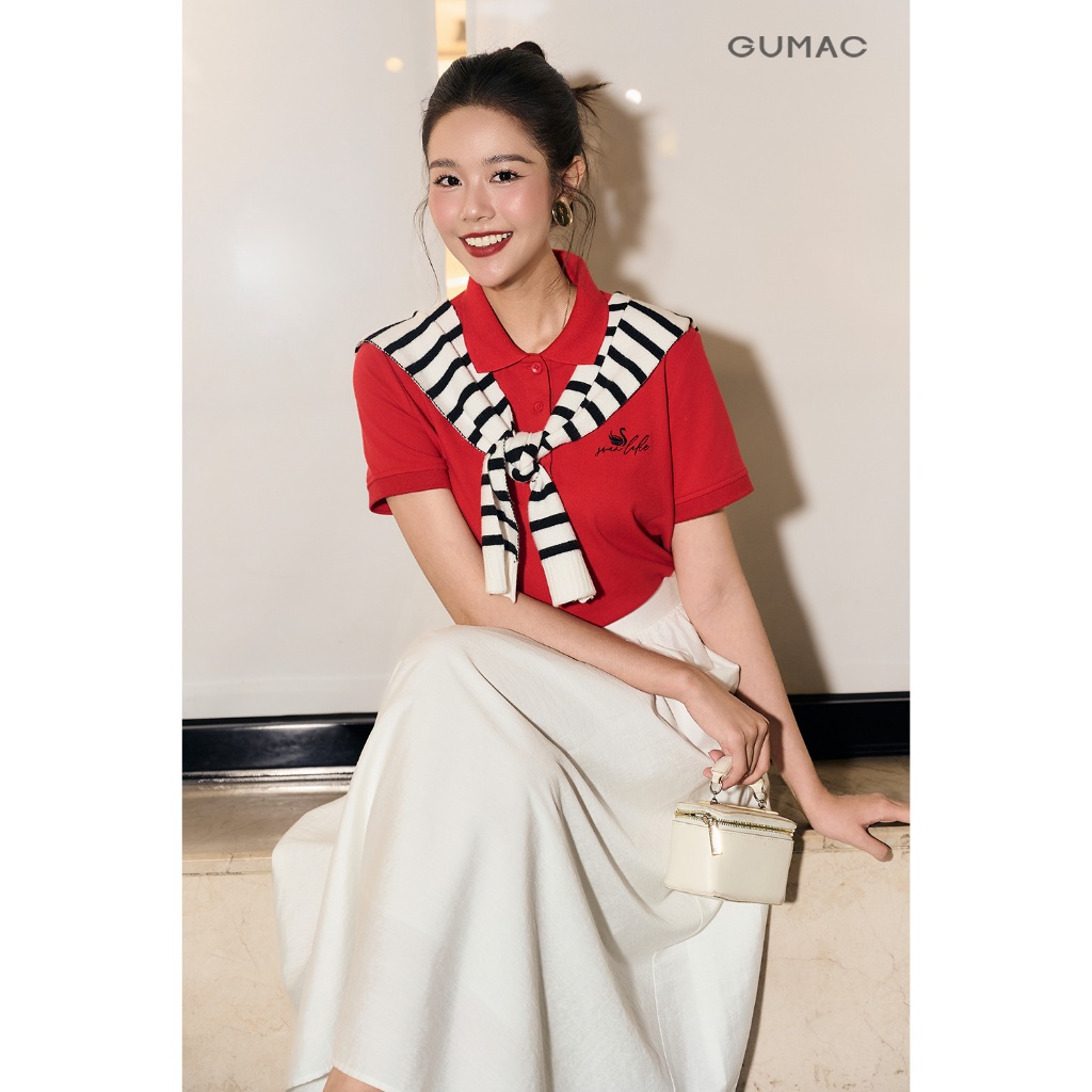 Áo polo nữ GUMAC form ôm nhẹ đọ dài lửng phía trước thêu hình chim thiên nga APF12011
