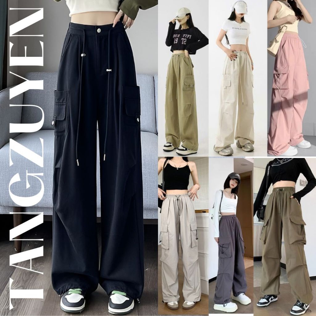 ( Nhiều mẫu ) Quần dài ống rộng kaki mềm túi hộp chốt rút gấu cạp chun dây rút Quần ống suông cá tính đen xám T768G