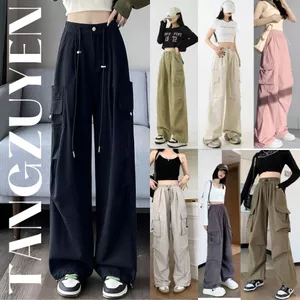 Quần dài ống rộng kaki mềm túi hộp chốt rút gấu cạp chun dây rút Quần ống suông cá tính đen xám T768G