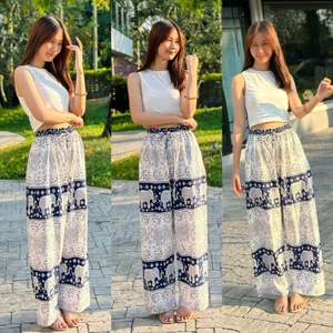 Quần dài ống suôn thổ cẩm, unisex, họa tiết voi Thái, vải lanh (Size 40 - 65kg)
