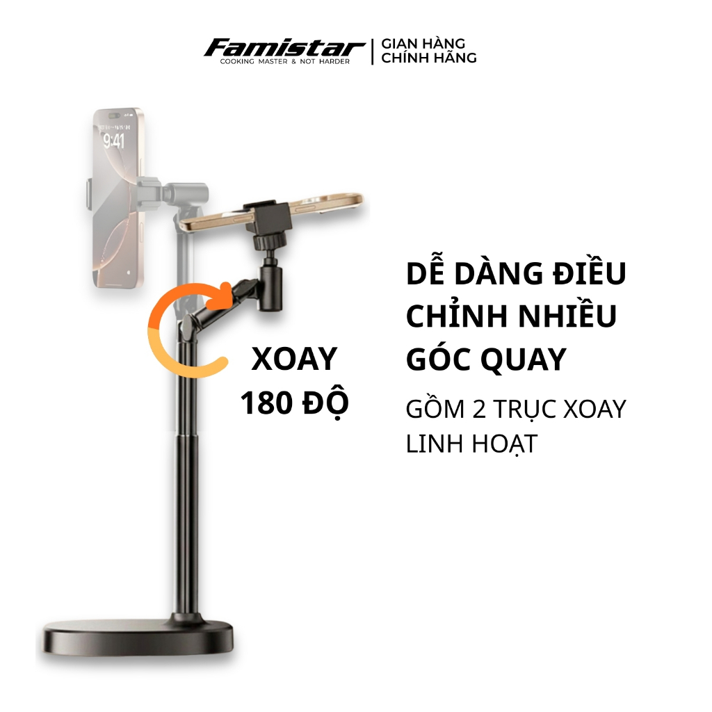Giá Đỡ Điện Thoại Xoay 360 Điều Chỉnh Độ Cao, Kẹp Điện Thoại Quay Video Đa năng Livestream Famistar GD07