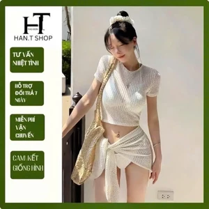 Set bikini đi biển 4 MÓN REN XỐP ,áo kèm khăn buộc,phong cách hàn quốc HAN.T SHOP